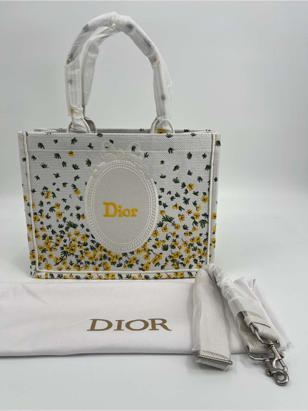 Medium Canvas White Floral Embroidered Book Tote with Yellow Accents